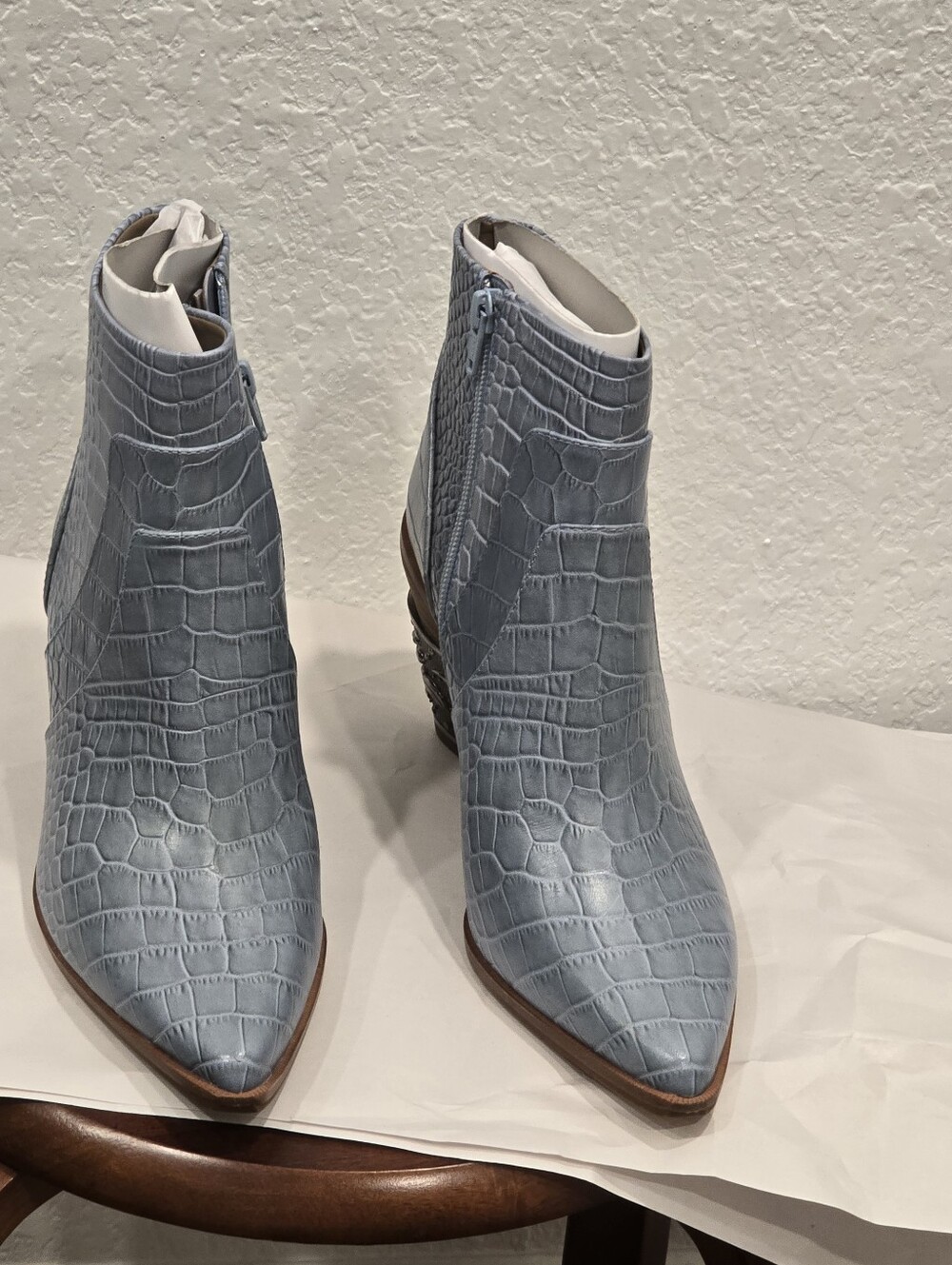 Pointed Croc-Embossed Ankle Booties in Pale Blue